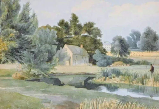 Fab 19thC Watercolour Orton near Peterborough, fishing lake with country house