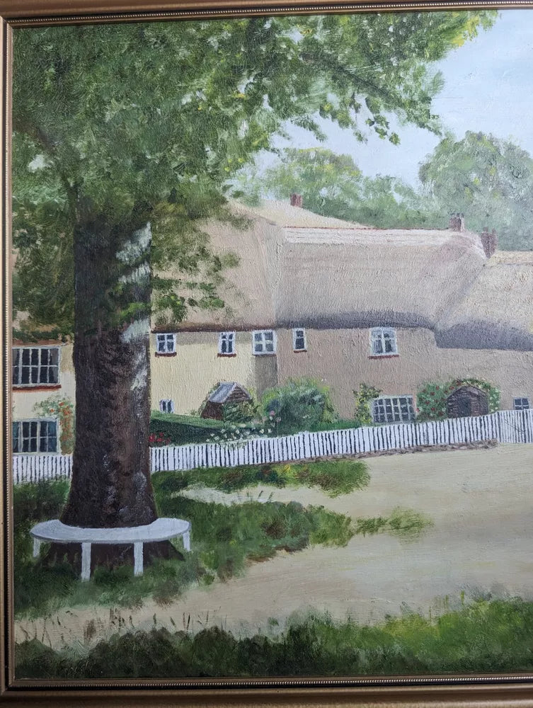 Naive Vintage English Thatched Cottage Village Scene Oil Painting Gilt Framed