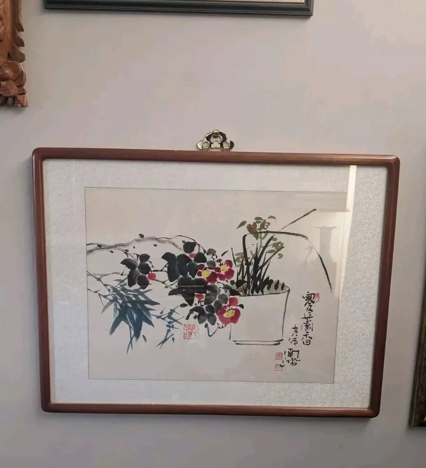 Beautiful Chinese Floral Watercolour Painting Signed Stamped Framed Vintage