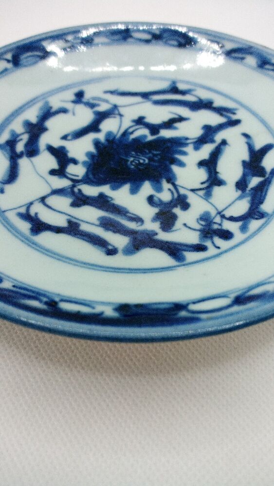 Chinese 19th C. Blue and White Lingzhi Fungus Design Porcelain Plate Vgc