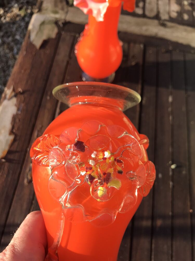 Steven’s & Williams Hand Blown Victorian Antique Ruffled Orange Vases Glass Pair