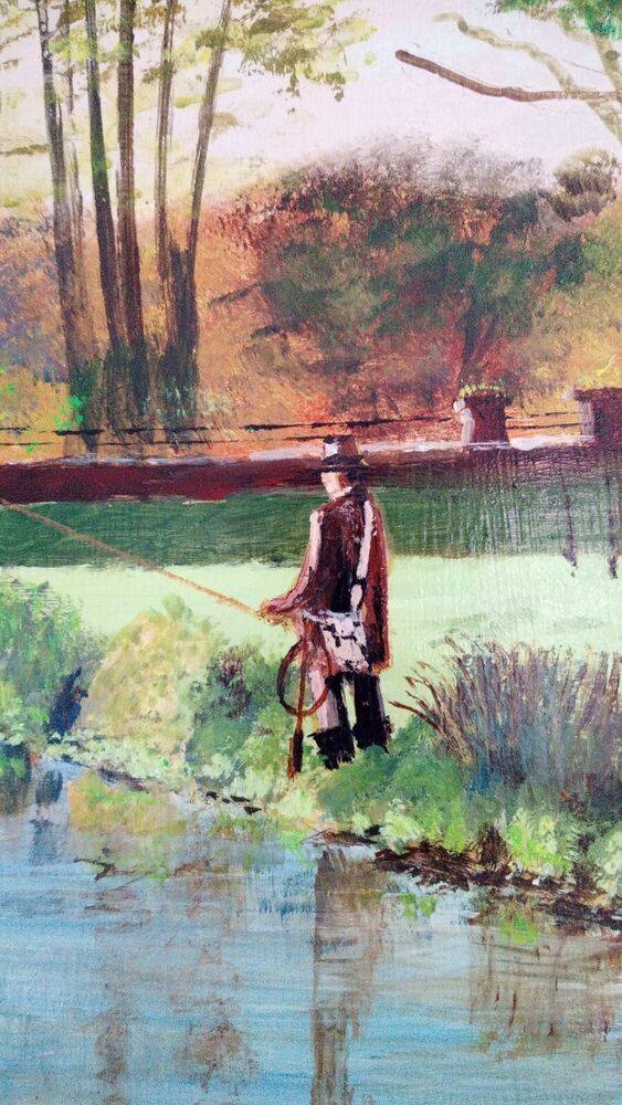 Vintage Original Framed Oil On Board Painting Fishing naive art MCM Signed P16