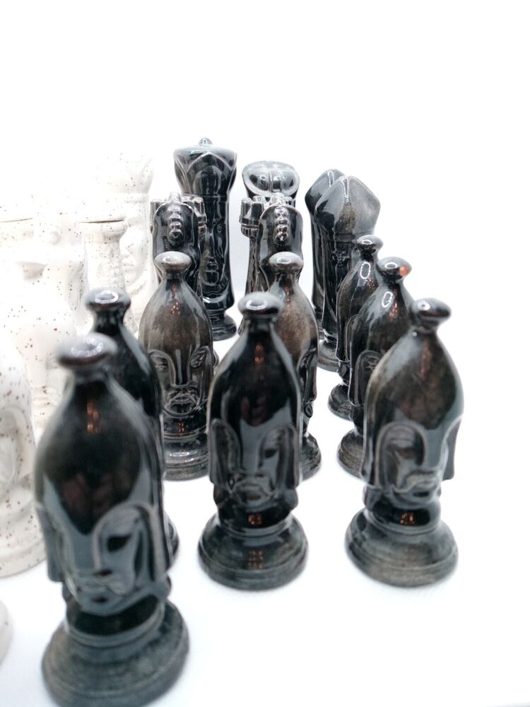 Duncan Chess Set Ceramic Glazed 32 Piece Set 3" Tall 1960's Vintage Black/White