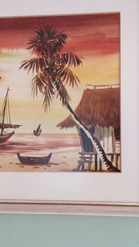 Vintage MCM Asian Junk Boat Watercolour painting Nicely Framed Ready To Hang