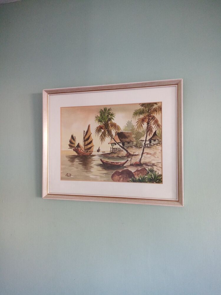 Vintage MCM Asian Junk Boat Watercolour painting Nicely Framed Ready To Hang