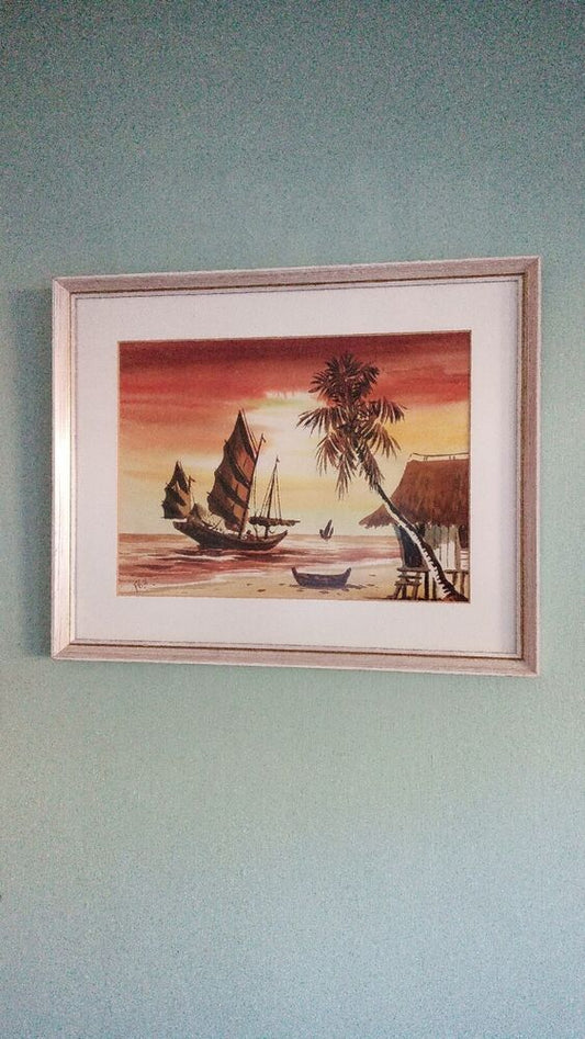 Vintage MCM Asian Junk Boat Watercolour painting Nicely Framed Ready To Hang