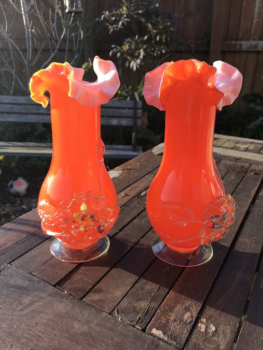 Steven’s & Williams Hand Blown Victorian Antique Ruffled Orange Vases Glass Pair