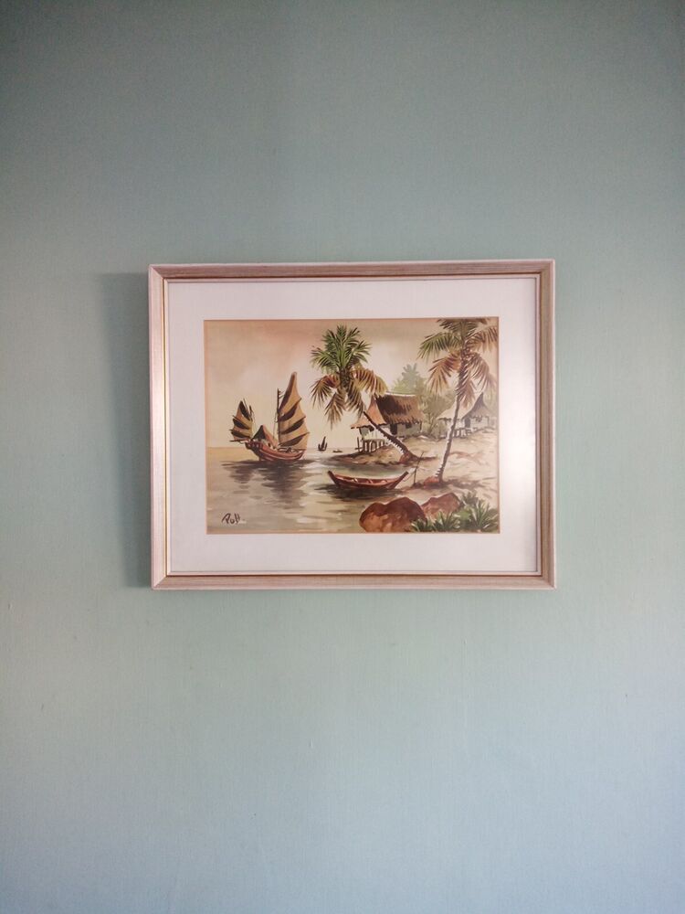 Vintage MCM Asian Junk Boat Watercolour painting Nicely Framed Ready To Hang