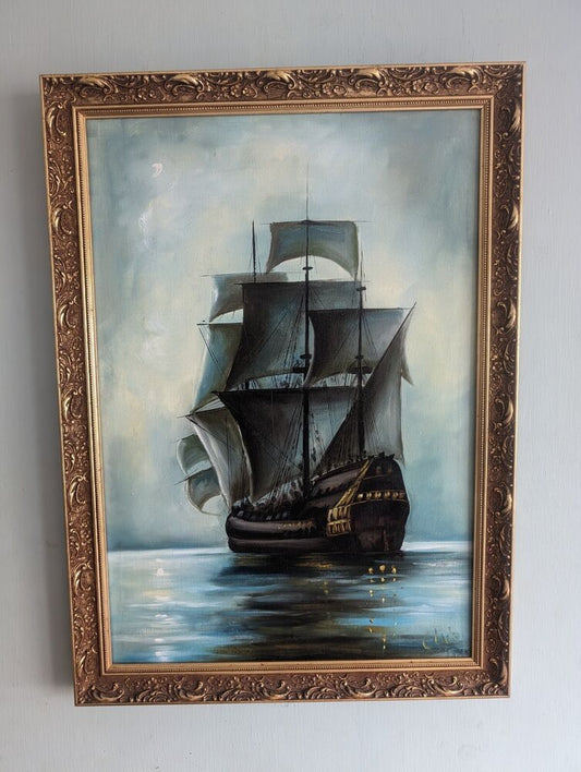 Crescent Moon, Montague Dawson, 24" X 17" Art Nouveau Oil On Canvas Framed