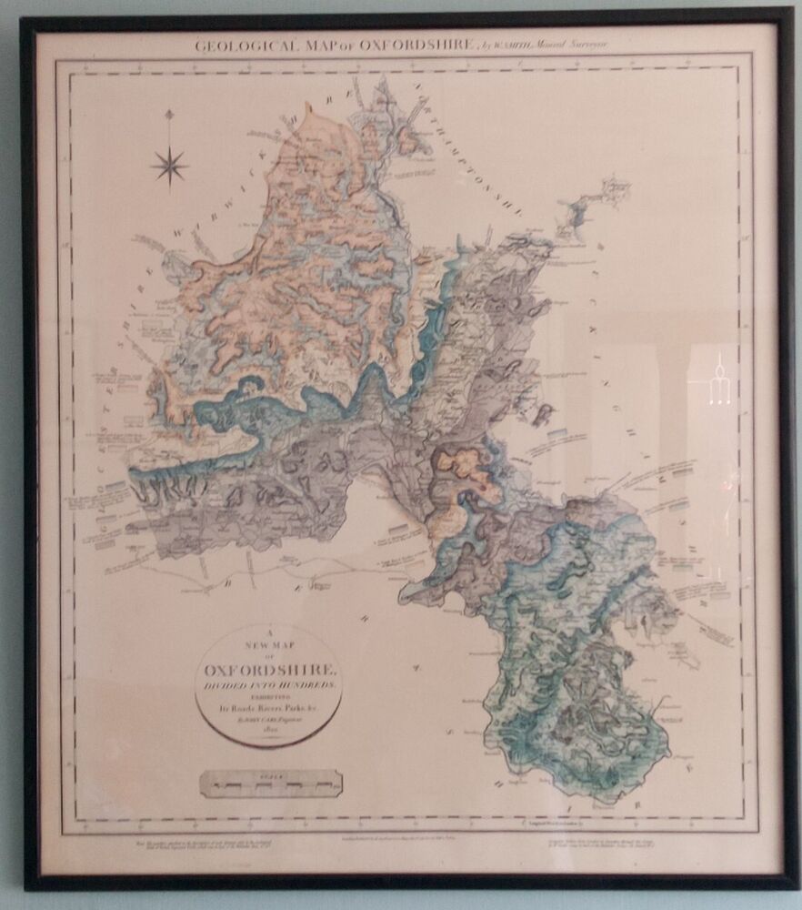 1820 Antique Mineral Map of Oxfordshire John Cary Framed VGC W Smith Surveyor P5