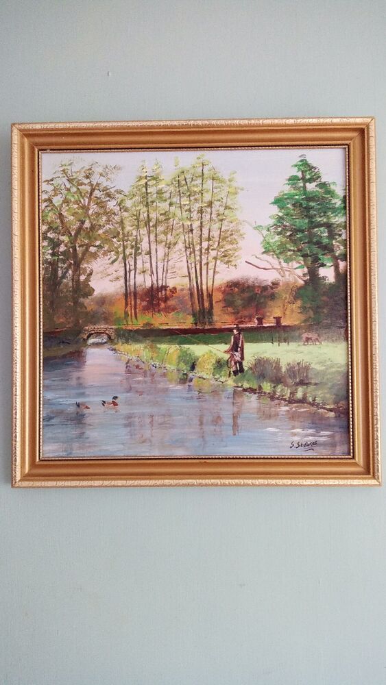 Vintage Original Framed Oil On Board Painting Fishing naive art MCM Signed P16