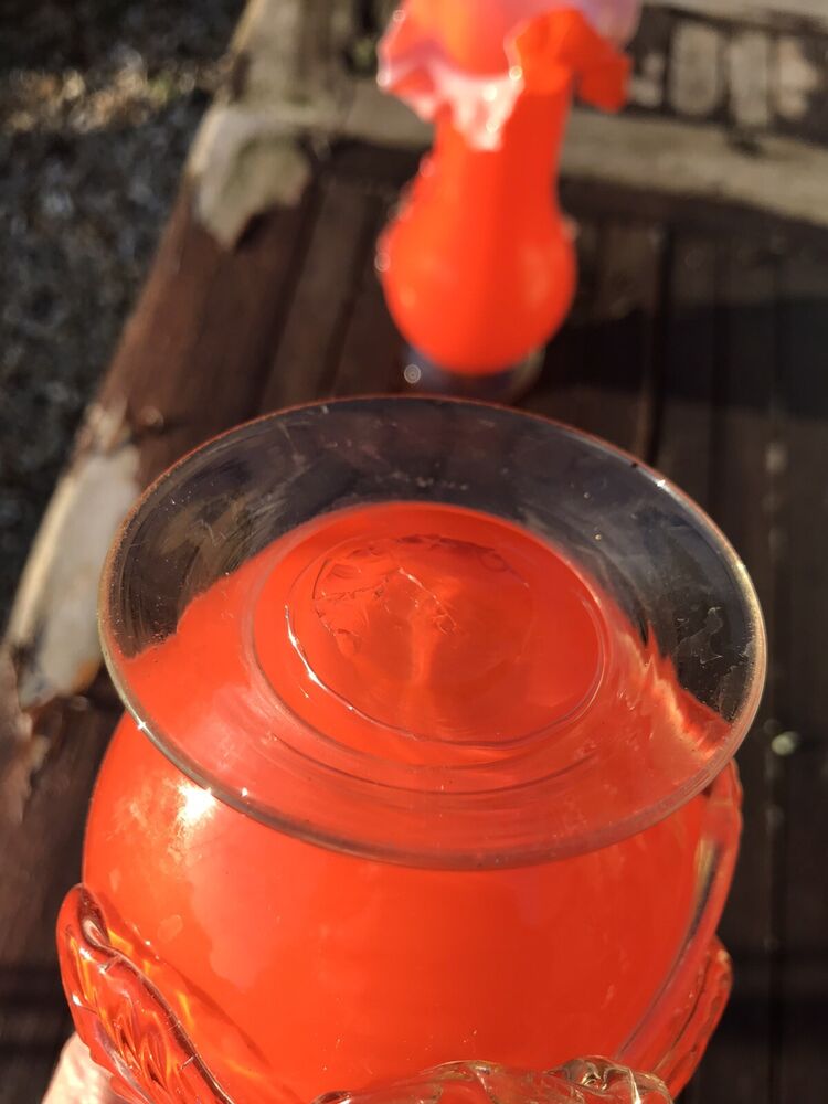 Steven’s & Williams Hand Blown Victorian Antique Ruffled Orange Vases Glass Pair