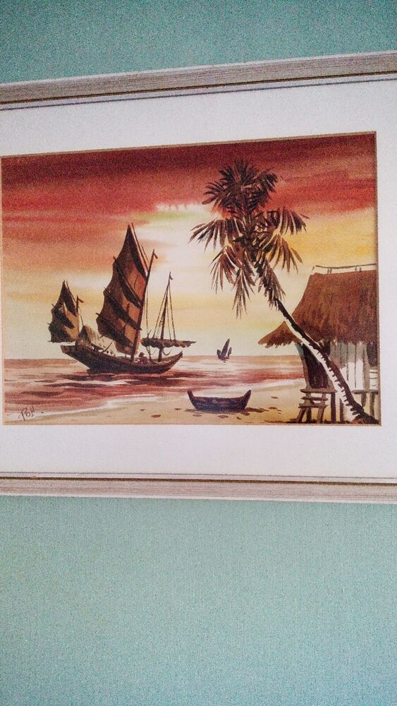 Vintage MCM Asian Junk Boat Watercolour painting Nicely Framed Ready To Hang