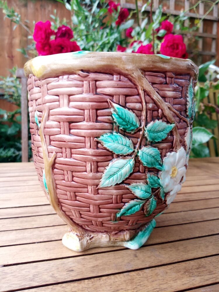 Joseph Holdcroft 19th C. Majolica Jardinière Dog Rose Blossom basket Weave