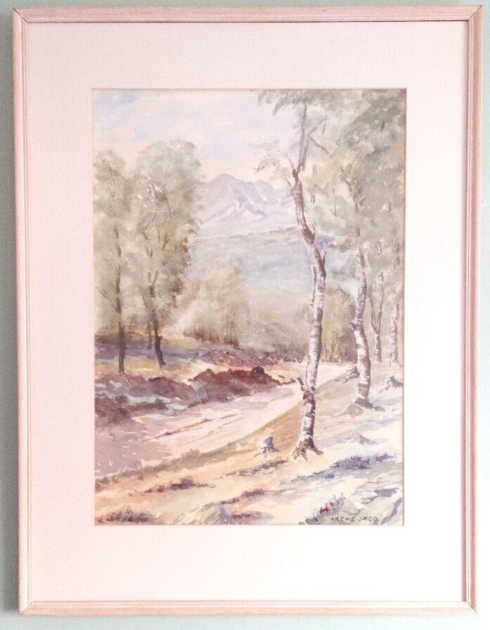 IRENE JACO - Original Watercolour  - BIRCH TREES LANDSCAPE - Framed And Mounted