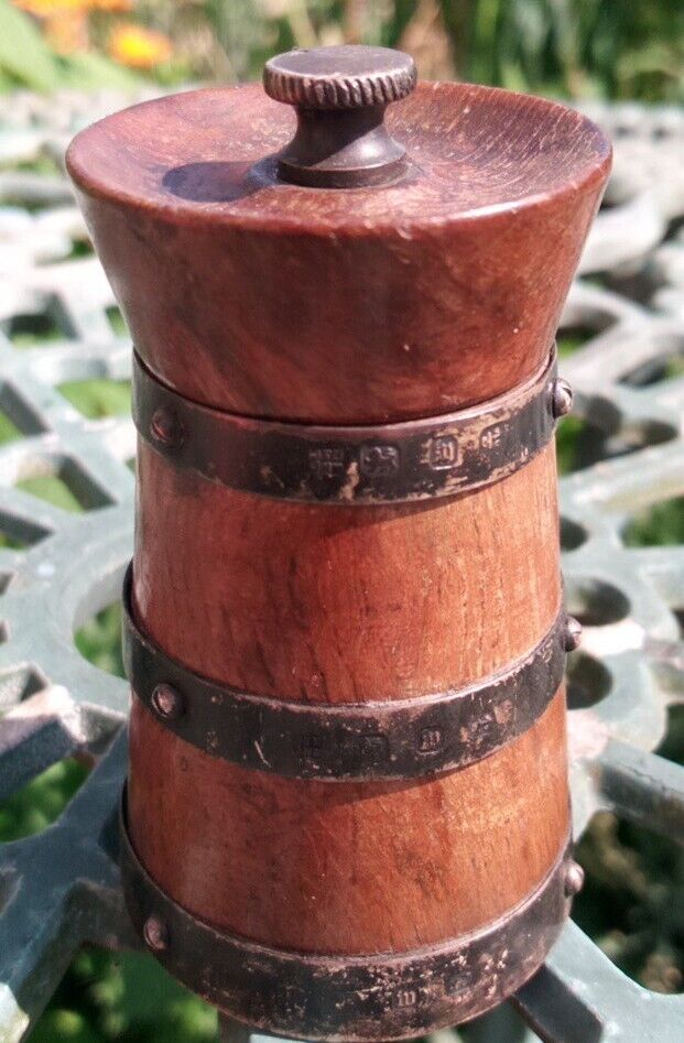 Antique Pepper Mill Sterling Silver and Oak 1907 Heath & Middleton SOLD