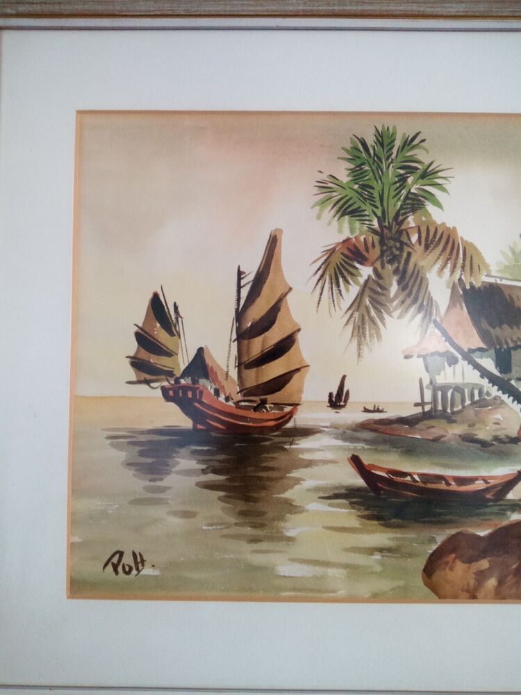 Vintage MCM Asian Junk Boat Watercolour painting Nicely Framed Ready To Hang