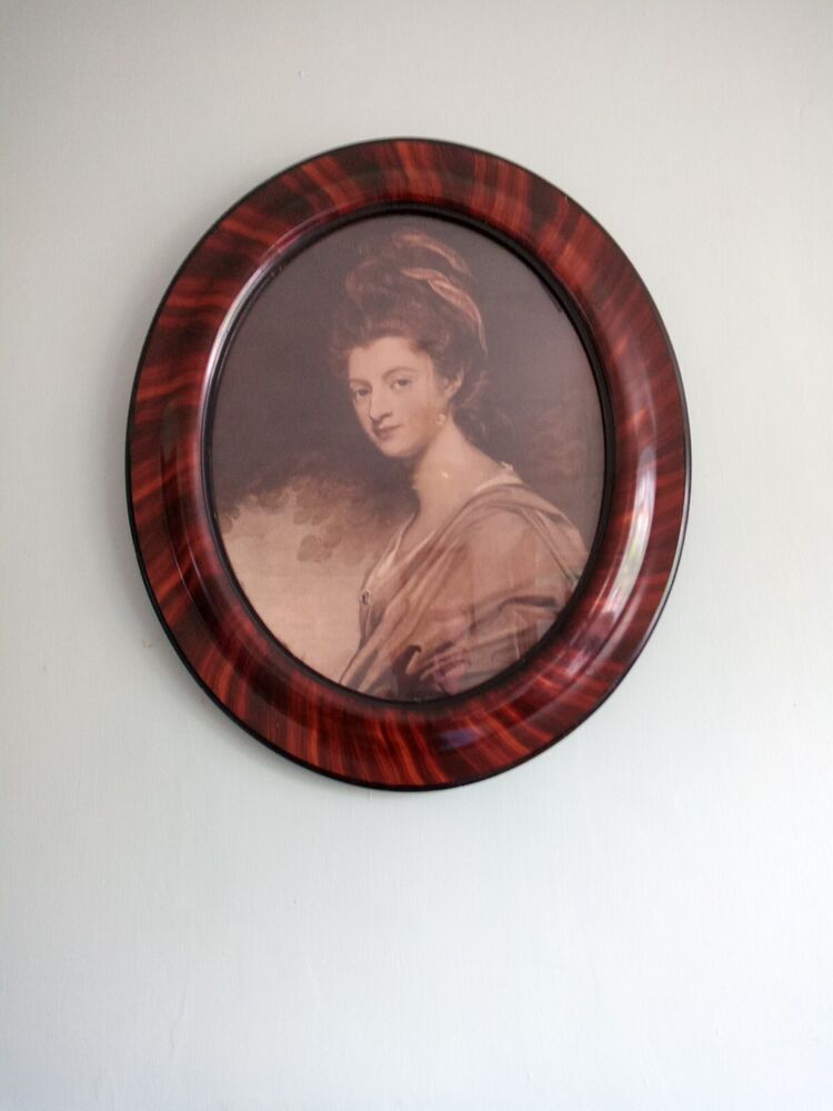 Antique Lithograph Of Lady Craven In Oval Tiger Wood Striped Picture Frame Lge