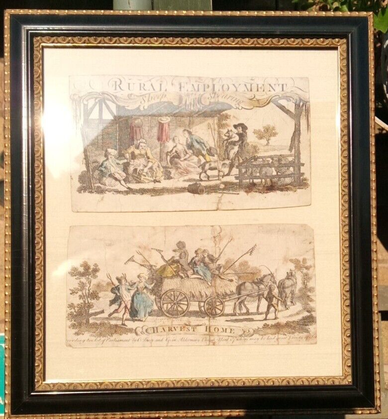 Cluer Dicey & Co Antique prints c.1763 Rural Employment Sheep shearing & Harvest