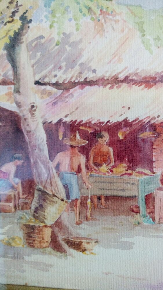 Cambodian School Watercolour Market/Street Scene Signed A Li P18