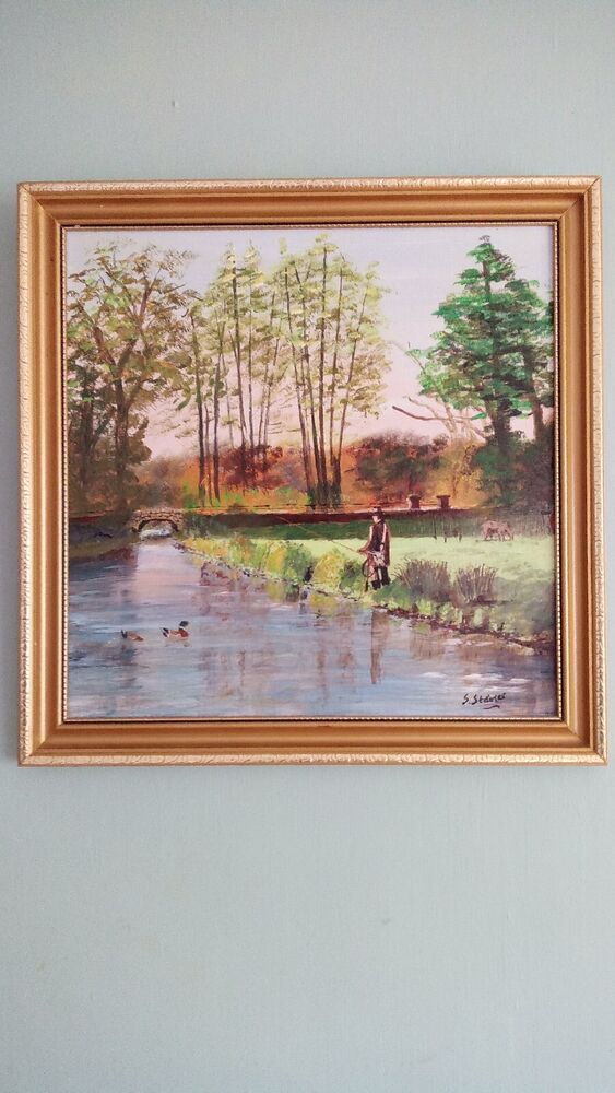 Vintage Original Framed Oil On Board Painting Fishing naive art MCM Signed P16