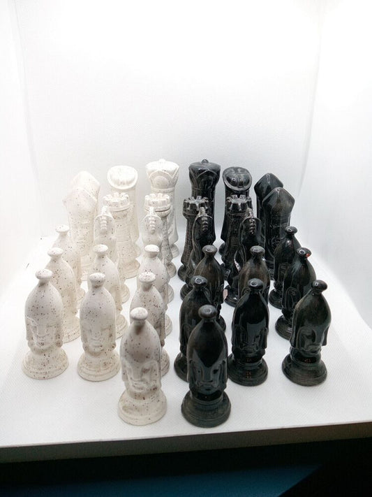 Duncan Chess Set Ceramic Glazed 32 Piece Set 3" Tall 1960's Vintage Black/White