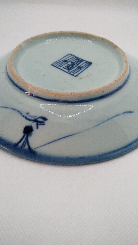 Chinese 19th C. Blue and White Lingzhi Fungus Design Porcelain Plate Vgc