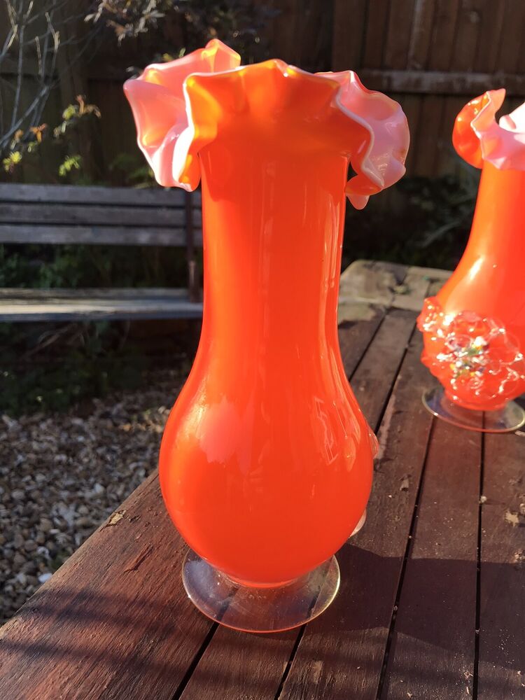 Steven’s & Williams Hand Blown Victorian Antique Ruffled Orange Vases Glass Pair