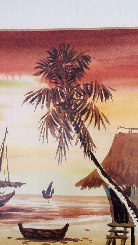 Vintage MCM Asian Junk Boat Watercolour painting Nicely Framed Ready To Hang