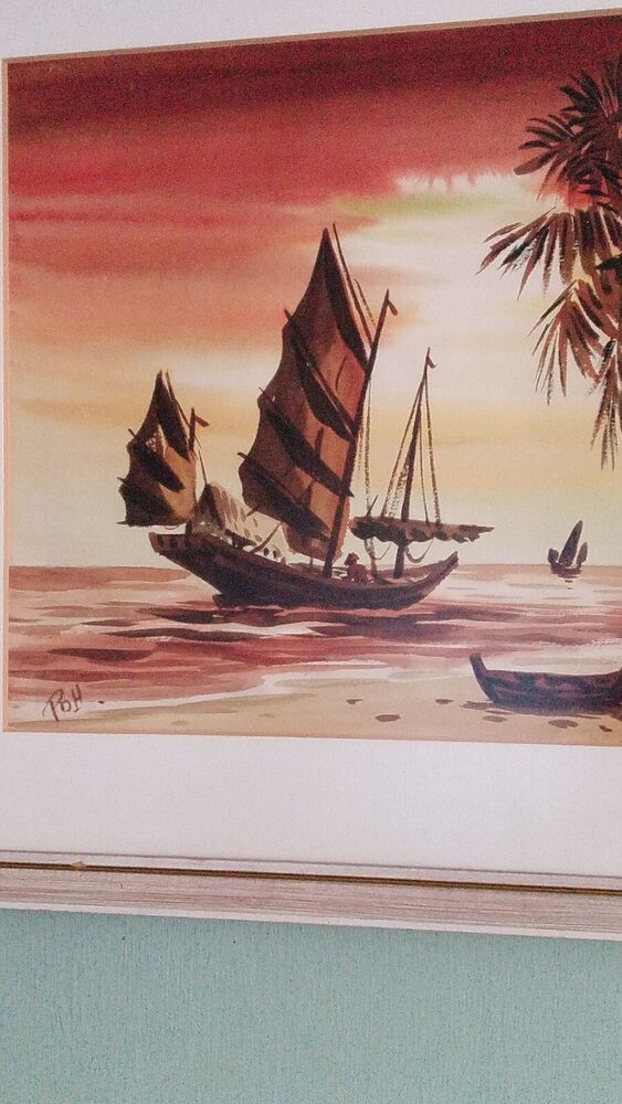 Vintage MCM Asian Junk Boat Watercolour painting Nicely Framed Ready To Hang