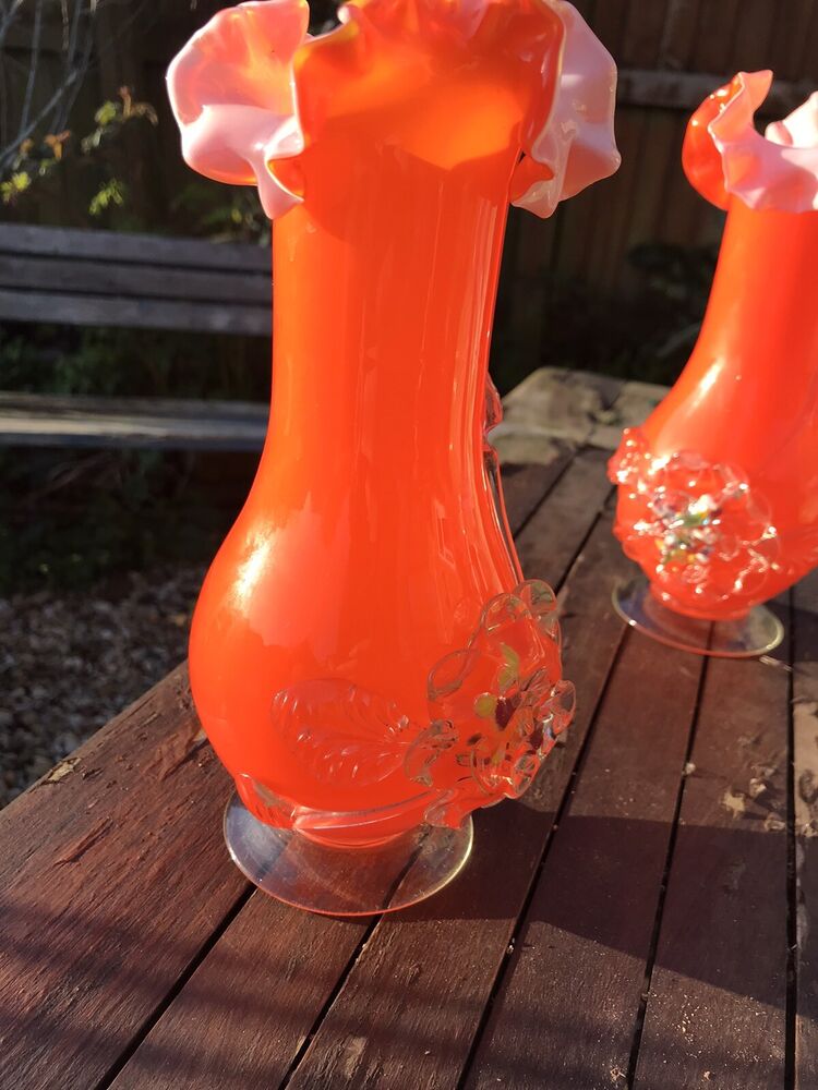 Steven’s & Williams Hand Blown Victorian Antique Ruffled Orange Vases Glass Pair