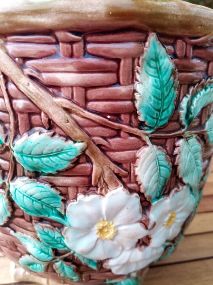 Joseph Holdcroft 19th C. Majolica Jardinière Dog Rose Blossom basket Weave