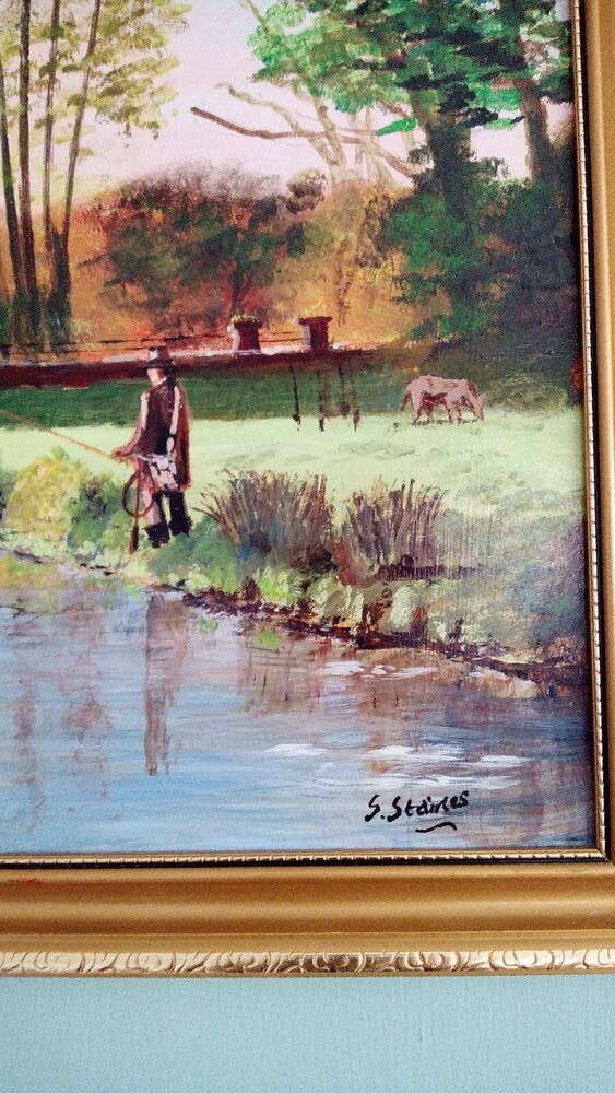 Vintage Original Framed Oil On Board Painting Fishing naive art MCM Signed P16