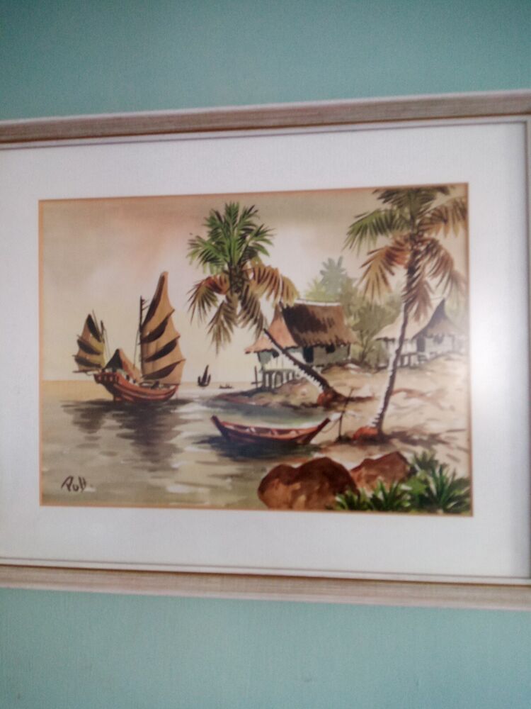 Vintage MCM Asian Junk Boat Watercolour painting Nicely Framed Ready To Hang