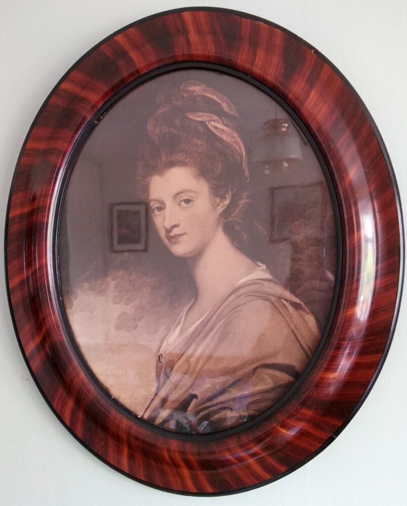 Antique Lithograph Of Lady Craven In Oval Tiger Wood Striped Picture Frame Lge